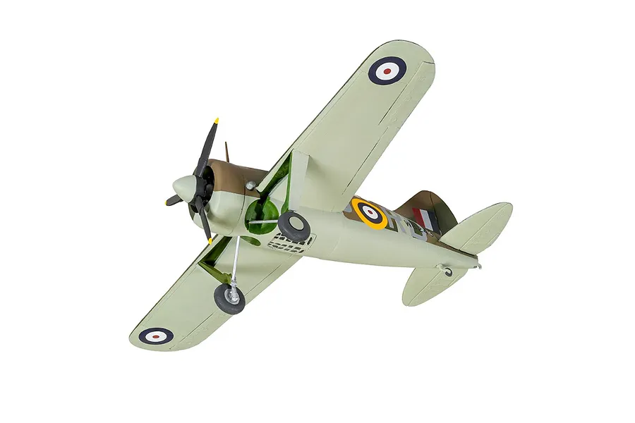 A completed 1/72 scale plastic model of a Brewster Buffalo fighter aircraft, viewed from below against a white background.