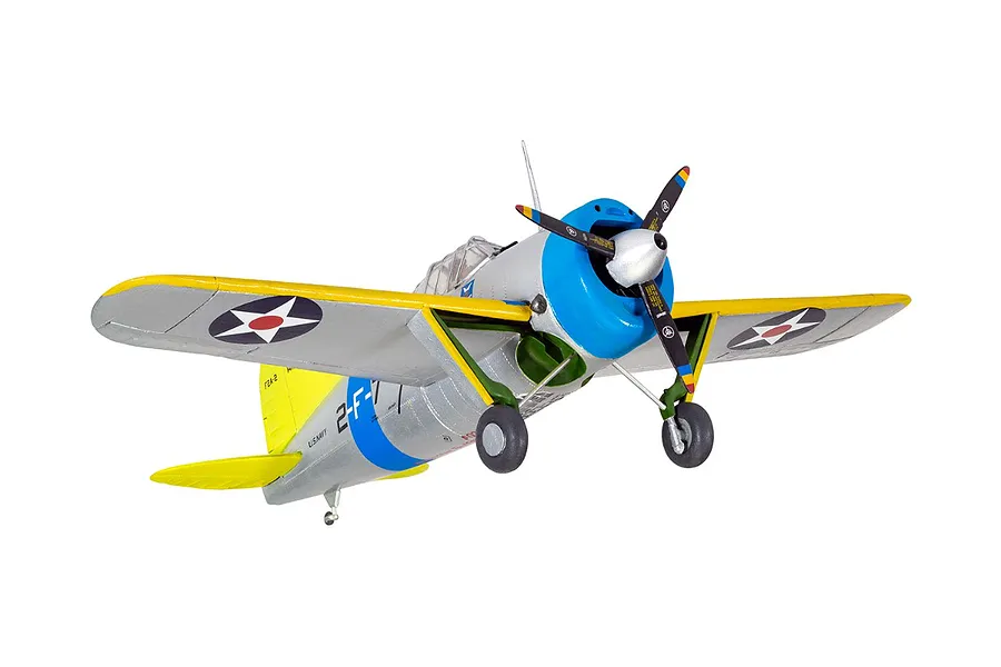 A fully assembled and painted 1/72 scale Brewster Buffalo model aircraft in US Navy livery with silver, yellow, and blue paint scheme.