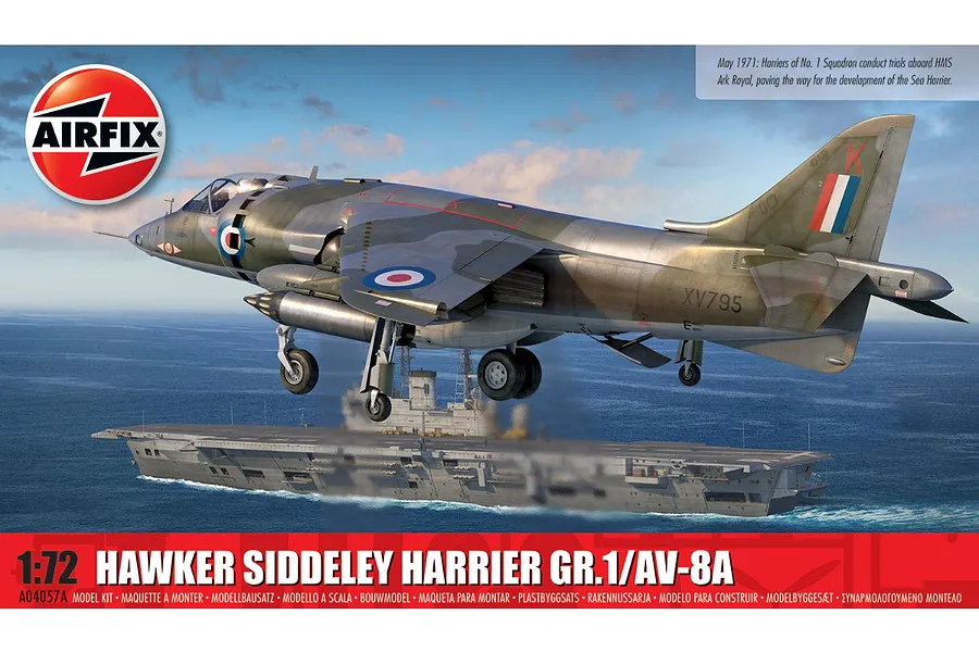 Airfix 1/72 scale Hawker Siddeley Harrier GR.1/AV-8A model kit box art showing a Harrier jet hovering above an aircraft carrier.
