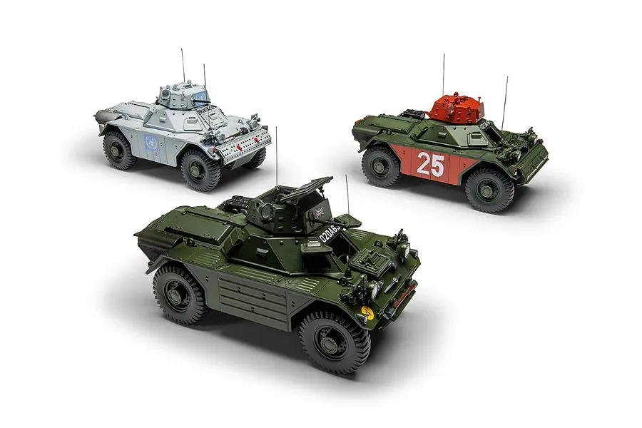 Three assembled and painted 1/35 scale Ferret Scout Car model kits by Airfix, displayed on a white background.