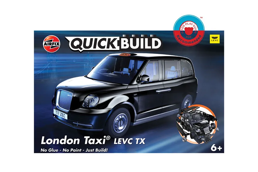 Airfix Quickbuild London Taxi LEVC TX model kit packaging featuring a black taxi on a blue background.