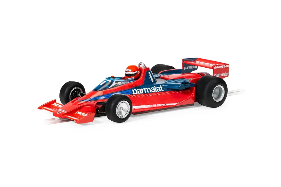 A 1/32 scale Scalextric Brabham Alfa Romeo BT46B slot car in red and blue livery with Parmalat branding on a white background.