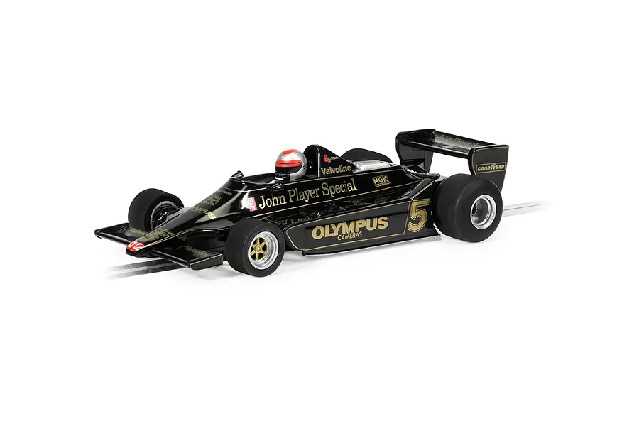 A 1/32 scale Scalextric Lotus 79 slot car in black and gold John Player Special livery, featuring number 5 and Olympus branding on a track.