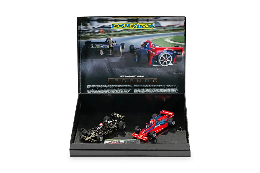 Scalextric 1/32 scale 1978 Swedish Grand Prix slot car twin pack featuring a black Lotus 79 and a red Brabham BT46B in a display box.
