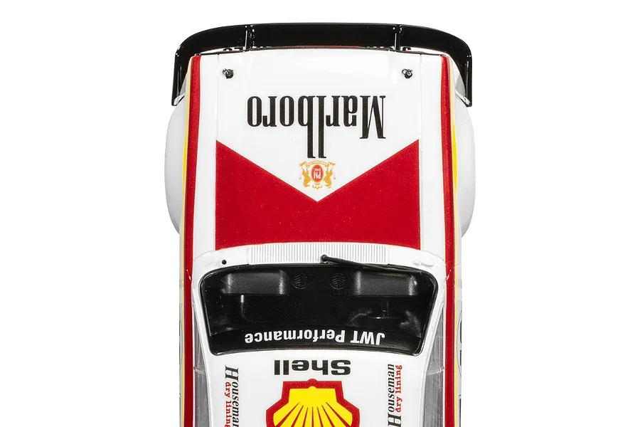 Top-down view of a Scalextric 1/32 scale Ford Escort MK1 slot car featuring Marlboro and Shell racing liveries.