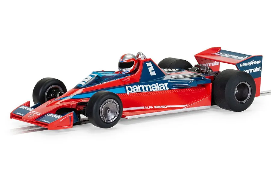 A 1/32 scale Scalextric Brabham BT46 slot car in red and blue livery with number 2, featuring Parmalat branding on a white background.