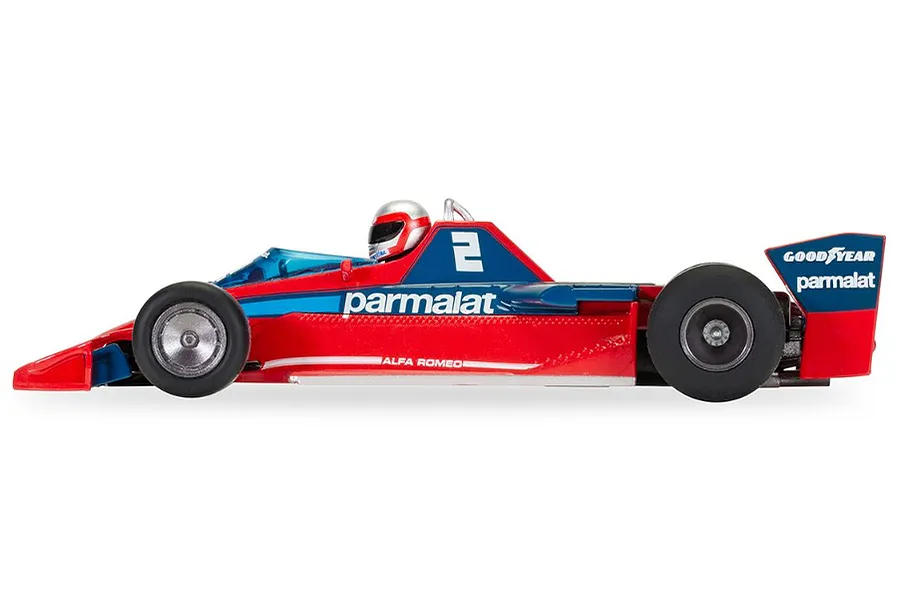 Side view of a Scalextric 1/32 scale Brabham BT46 slot car in red and blue livery with number 2 and Parmalat branding.
