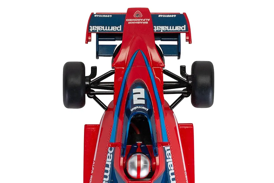Top-down view of a red and blue Scalextric Brabham BT46 slot car with number 2 on the cockpit.