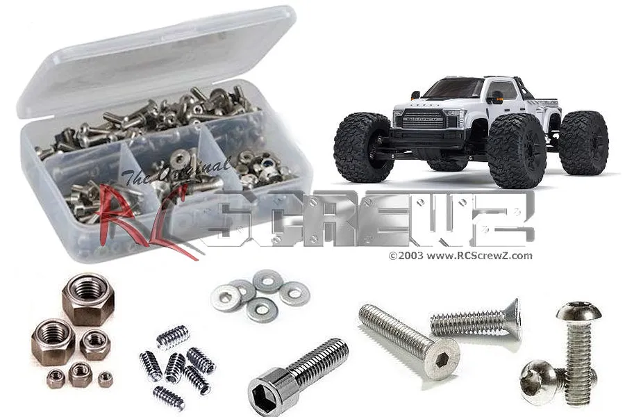 RC Screwz stainless steel screw kit for Arrma Big Rock 6S, featuring a plastic storage box filled with various screws, nuts, and washers.