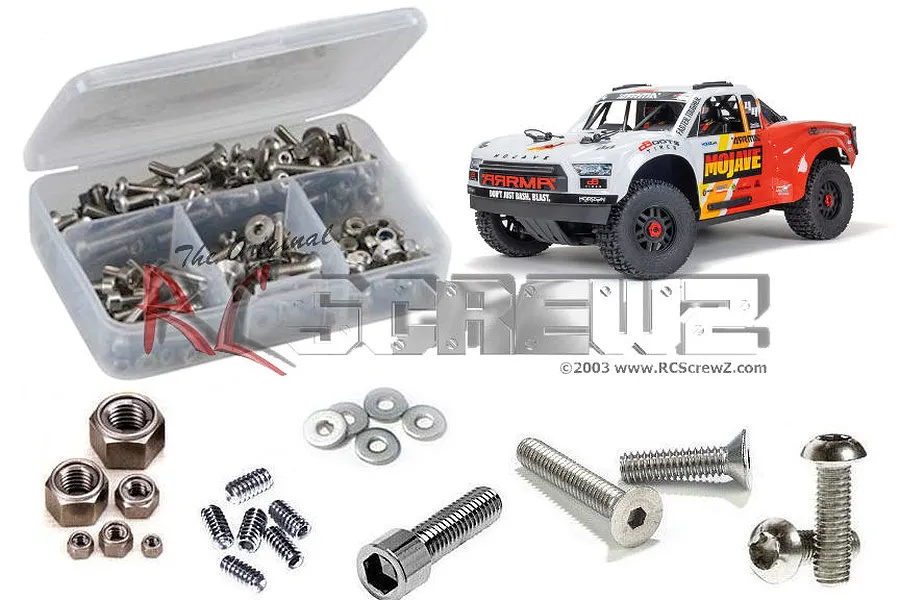 RC Screwz stainless steel screw kit for Arrma Mojave 4S, featuring a plastic storage box filled with screws and an Arrma Mojave RC truck in the background.