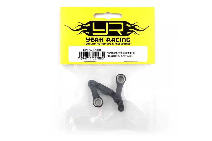 Yeah Racing XPTS-001BK black aluminium steering assembly for Xpress AT1, AT1S, and AM1 RC cars in original retail packaging.