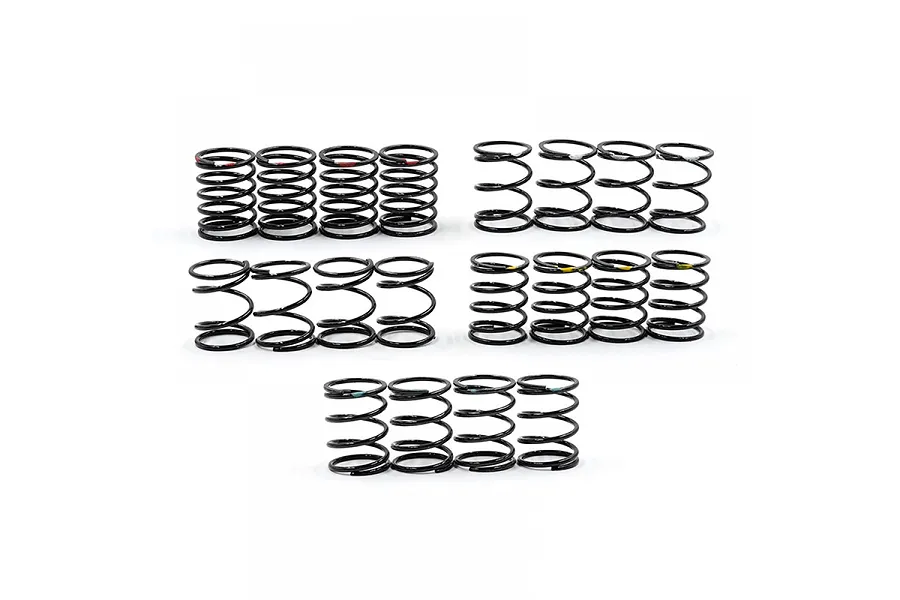 A set of twenty black RC shock springs arranged in five rows of four, featuring various coil densities and small colored identification markings.