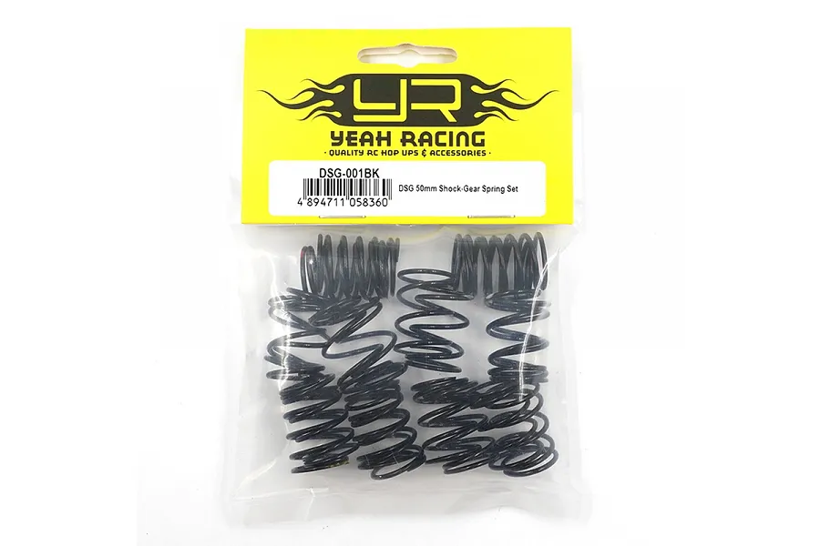 A sealed plastic bag containing a set of black RC shock springs from Yeah Racing, labeled DSG-001BK.