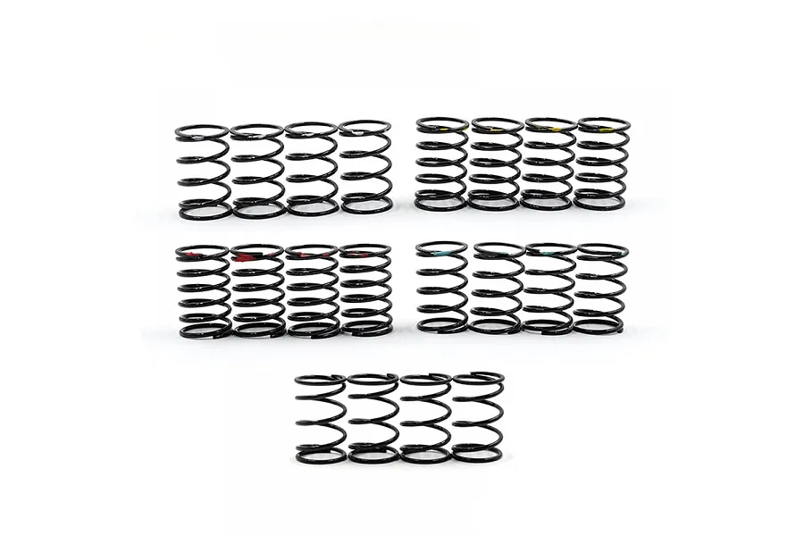 A set of twenty black RC shock springs arranged in five rows of four, featuring various color-coded markings on the coils.