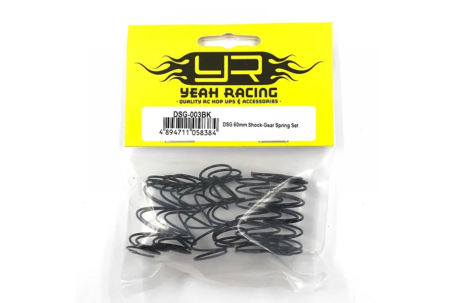 A pack of black Yeah Racing DSG 60mm shock springs in a clear plastic bag with a yellow branded header card.