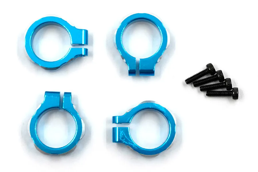 Four blue anodized aluminium shock clamps and four black metal screws arranged on a white background.