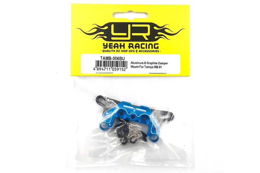 Yeah Racing TAMB-006BU blue aluminium and carbon fibre shock mount for Tamiya MB-01 in original retail packaging.