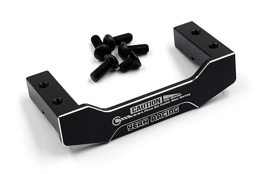 A black aluminium servo mount by Yeah Racing with a set of black mounting screws on a white background.