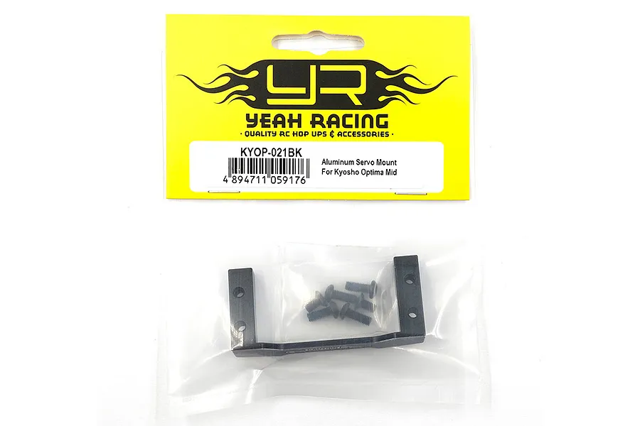 Yeah Racing black aluminium servo mount for Kyosho Optima Mid in original packaging with included screws.