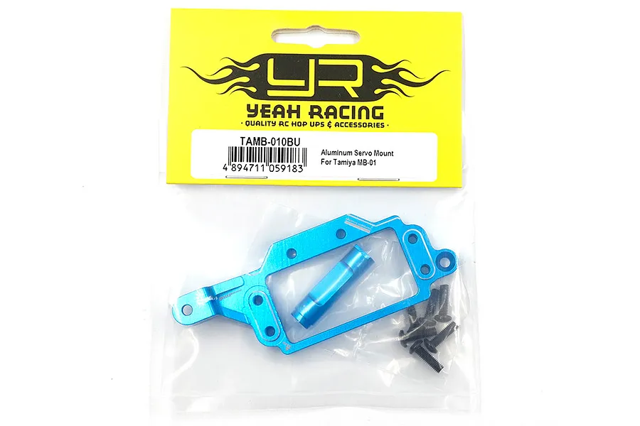 Yeah Racing blue aluminium servo mount for Tamiya MB-01 in original retail packaging.