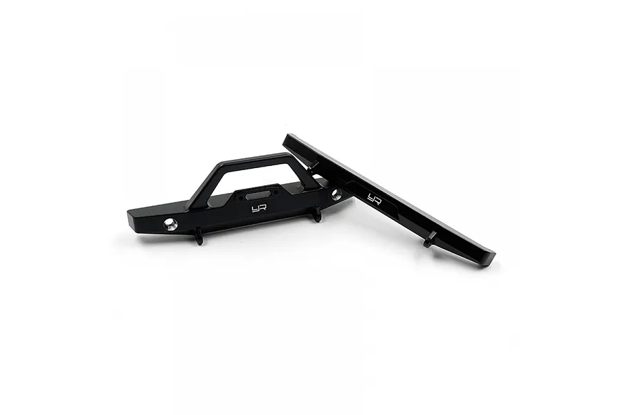 Two black aluminium RC car bumpers from Yeah Racing, one with a bull bar design and one slim bumper, both featuring the YR logo.