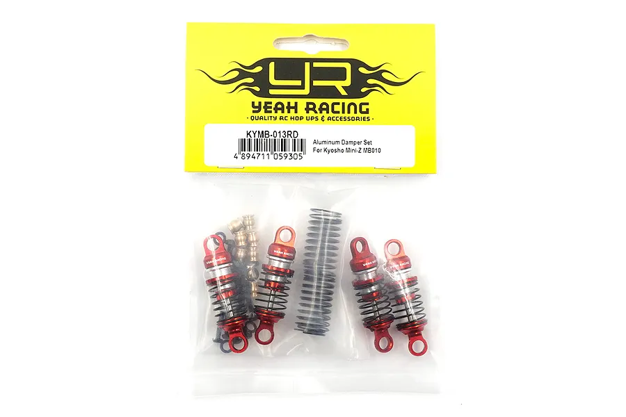 Yeah Racing red aluminium shock absorber set for Kyosho Mini-Z MB010 in original yellow and white retail packaging.