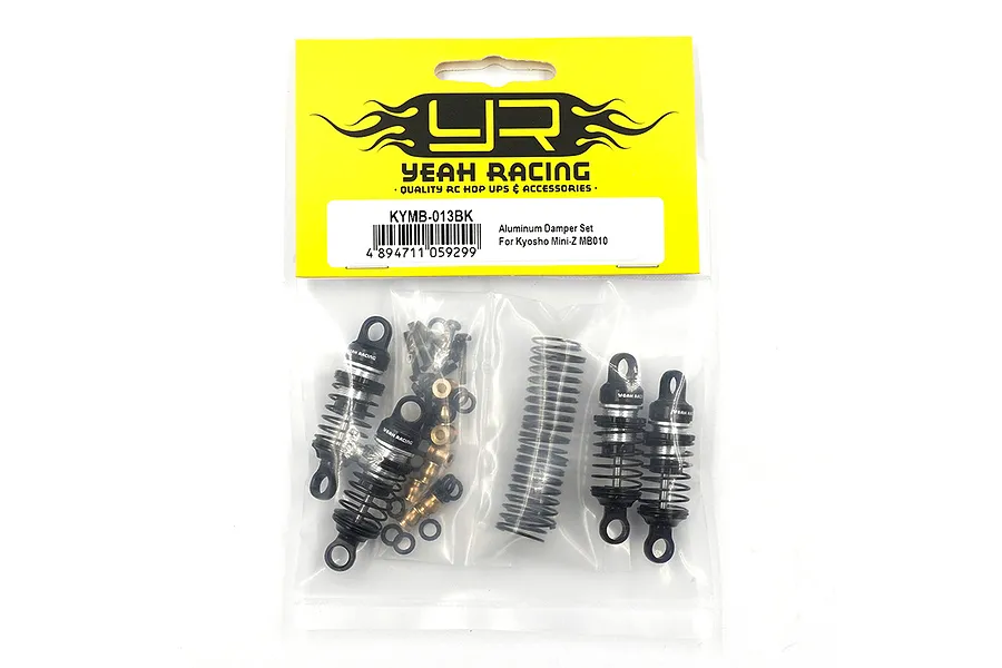 Yeah Racing KYMB-013BK black aluminium shock absorber set for Kyosho Mini-Z MB010 in original yellow and clear plastic retail packaging.