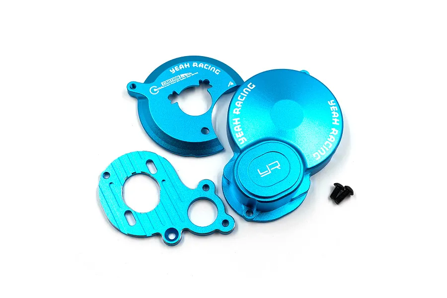Blue anodized aluminium gear cover and motor mount set by Yeah Racing for RC cars, including two small black screws.