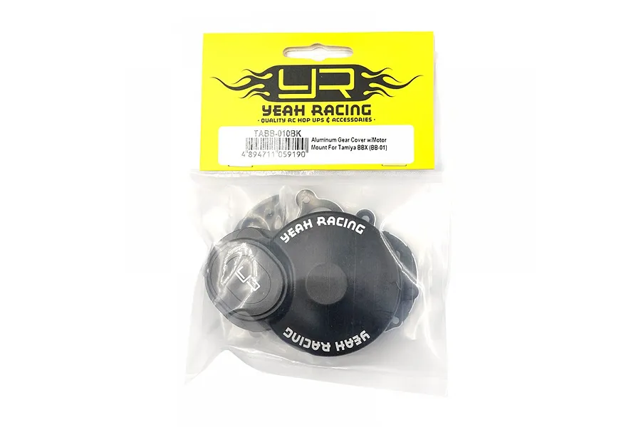 Yeah Racing black aluminium gear cover and motor mount for Tamiya BBX in original retail packaging.