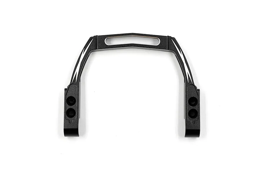 A black aluminium carry handle for a Sanwa M17 transmitter, featuring silver chamfered edges and two mounting holes on each side.
