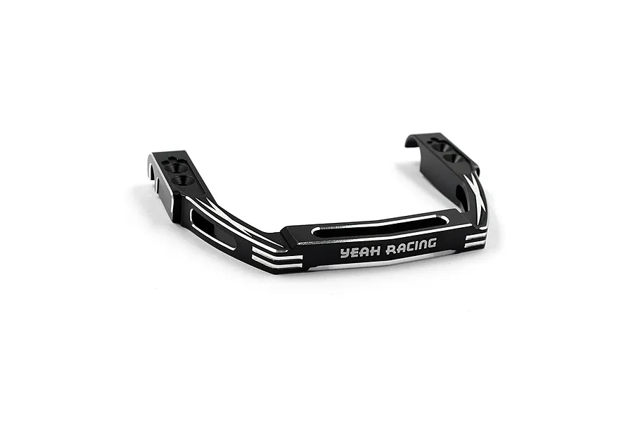 A black anodized aluminium carry handle for a Sanwa M17 transmitter by Yeah Racing, featuring silver chamfered edges and engraved branding.