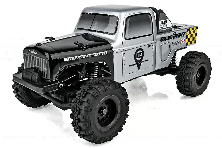 Element RC Enduro24 Ecto 1/24 scale RC rock crawler in silver and black with off-road tires, shown from a front three-quarter angle.