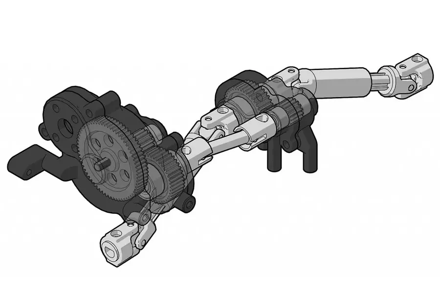 A technical diagram showing the internal drivetrain and transmission assembly of an RC rock crawler.