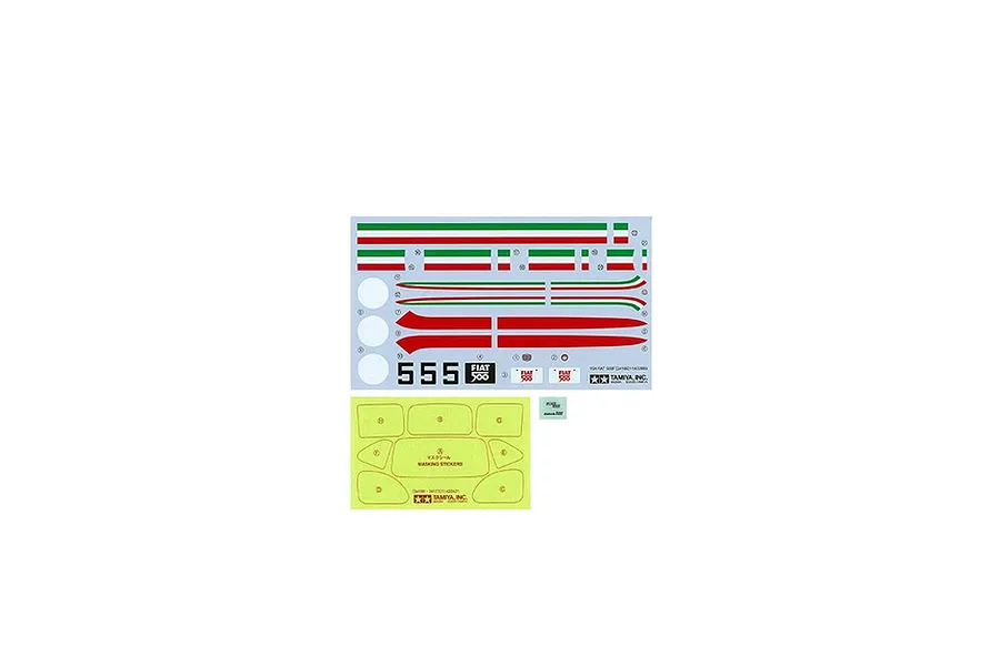 A decal and masking sticker sheet for the Tamiya 1/24 Fiat 500F model kit, featuring Italian flag stripes, red racing stripes, and number decals.