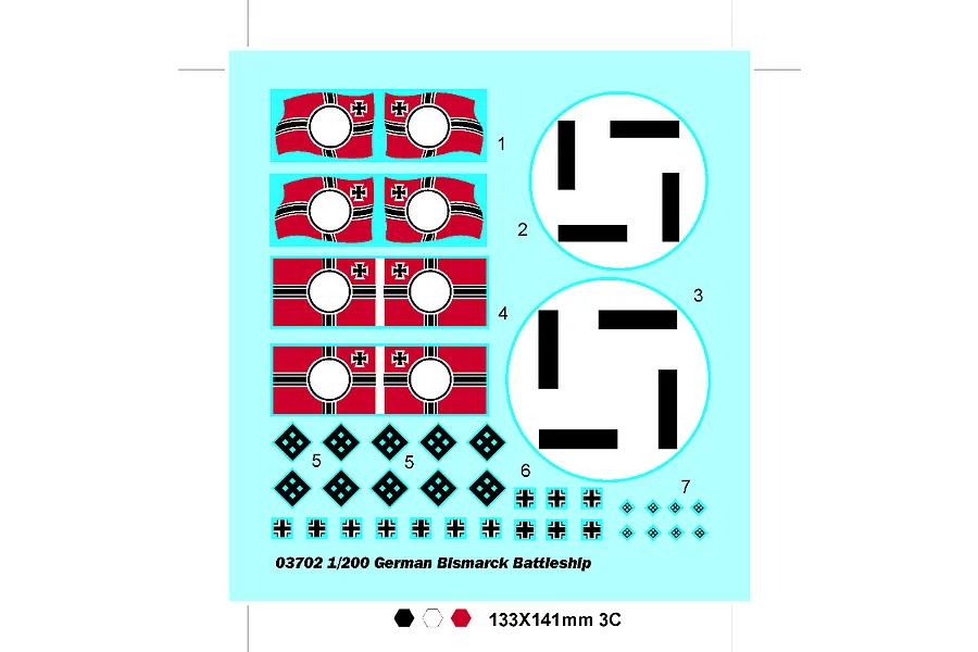 A decal sheet for the Trumpeter 1/200 scale German Battleship Bismarck model kit, featuring various flags, symbols, and identification markings.