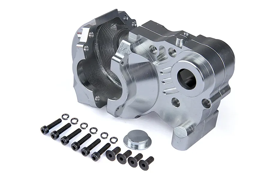 A silver aluminium RC gearbox case set with included screws and washers on a white background.
