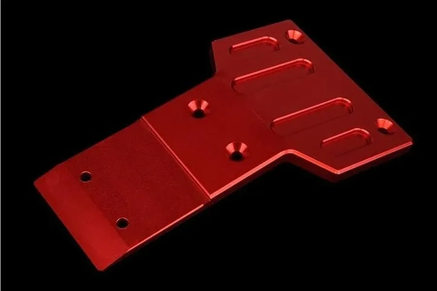 A red anodized aluminium front skid plate for an RC vehicle, featuring a T-shaped design with countersunk mounting holes and machined recesses.