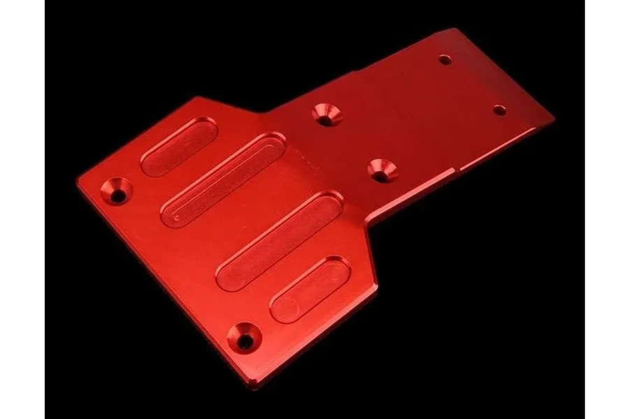 A red anodized aluminium front skid plate for an RC car, featuring a T-shaped design with recessed mounting holes and machined grooves.