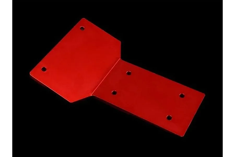 A red anodized aluminium front skid plate for an RC vehicle, featuring a T-shaped design with pre-drilled mounting holes.