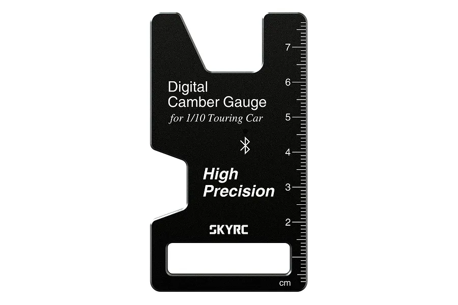 A black SkyRC digital camber gauge for 1/10 touring cars featuring a printed ruler and Bluetooth icon on a white background.