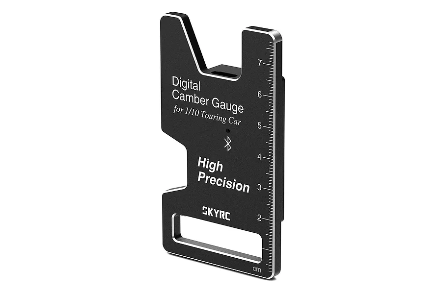 A black SkyRC digital camber gauge for 1/10 touring cars, featuring a metal body with a printed ruler and Bluetooth icon.