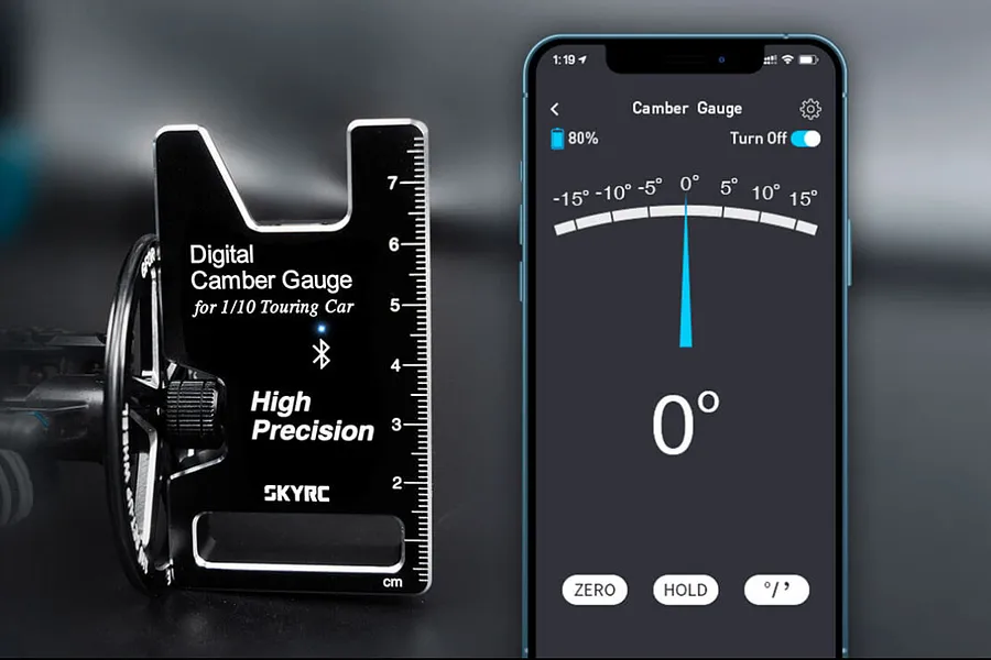 SkyRC digital camber gauge for 1/10 touring cars shown next to a smartphone displaying the companion app interface.