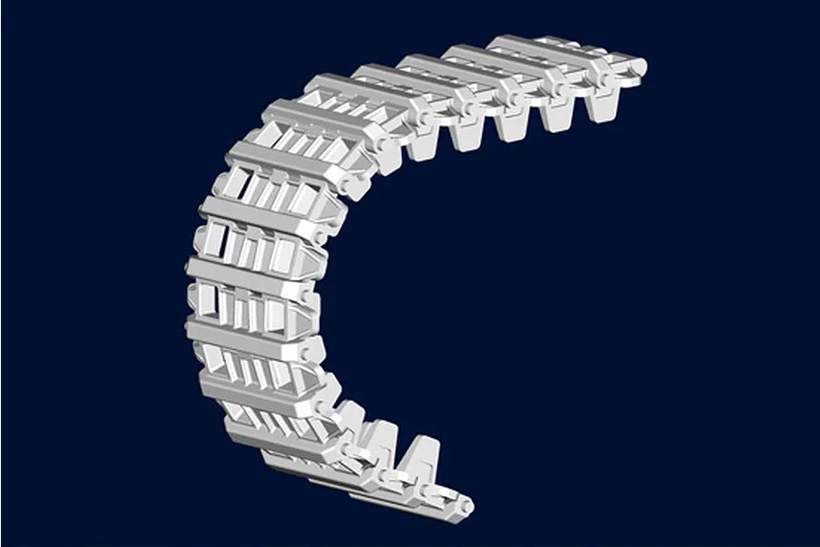 A 3D render of a section of German STARR tank caterpillar track links in light grey against a dark blue background.