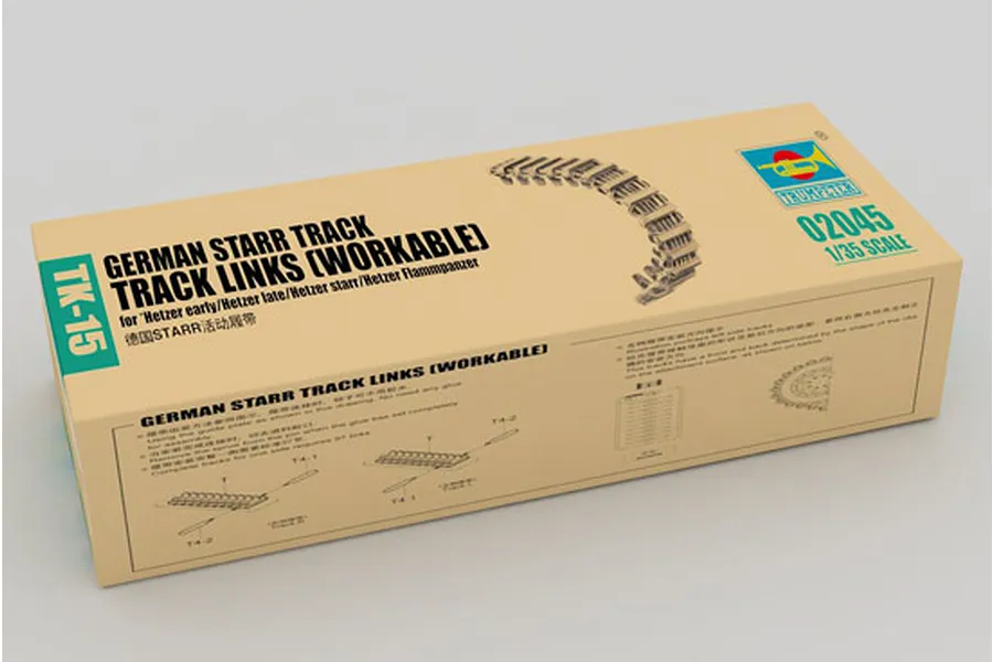 Trumpeter 1/35 scale German STARR Caterpillar Track Links model kit box, showing product name and assembly diagrams on a plain background.