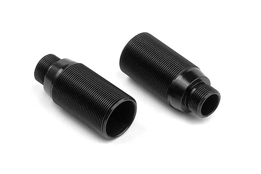Two black threaded aluminium shock bodies for RC cars, shown against a plain white background.