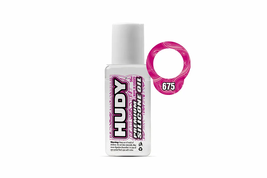 A 50ml bottle of Hudy Premium Silicone Oil with a pink label indicating 675 cSt viscosity, set against a white background.