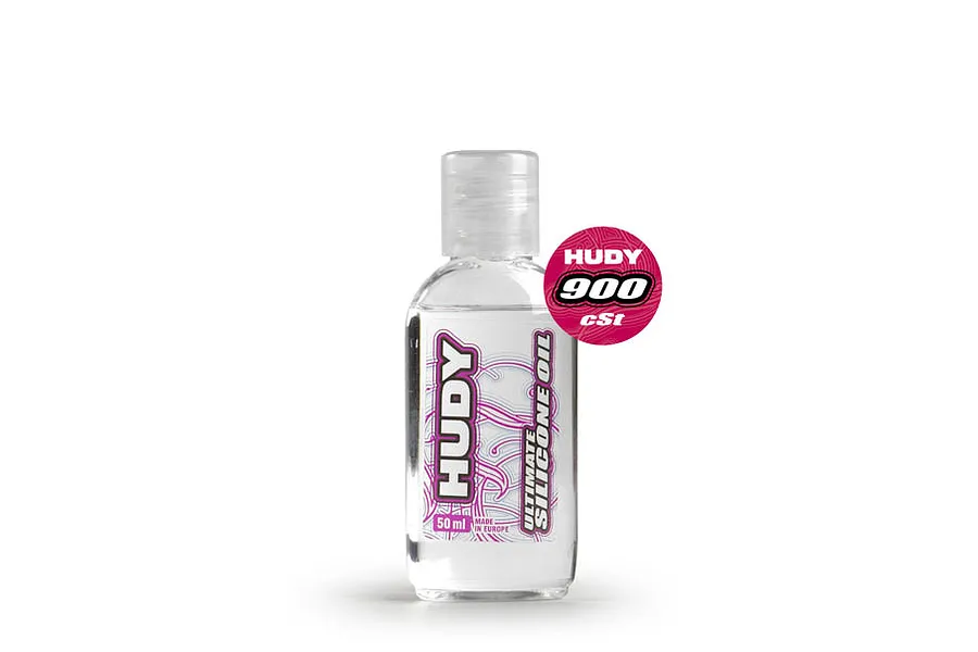 A 50ml bottle of Hudy Ultimate 900 cSt silicone shock oil with a clear plastic bottle and white label featuring pink branding.