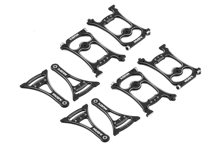 A set of black anodized aluminium Hudy setup station components for 1/10 scale RC cars, arranged on a white background.