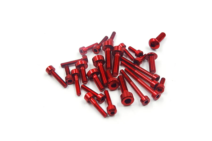 A pile of red anodized aluminium socket head screws for RC transmitter upgrades.