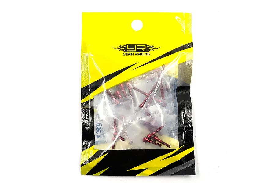 A packet of red aluminium screws for a Futaba 10PX transmitter by Yeah Racing, packaged in a yellow and black branded plastic bag.
